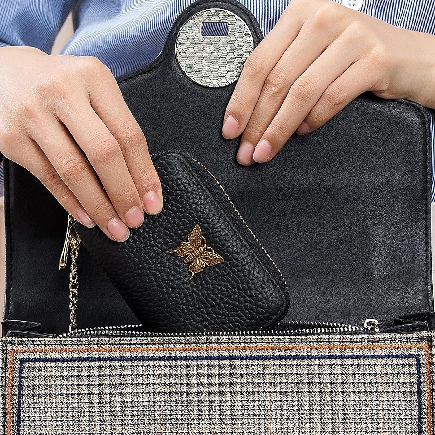 RFID Credit Card Holder for Women Genuine Leather Card Case Wallet with Zipper and Removable Keychain (Black)