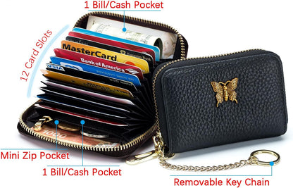 RFID Credit Card Holder for Women Genuine Leather Card Case Wallet with Zipper and Removable Keychain (Black)