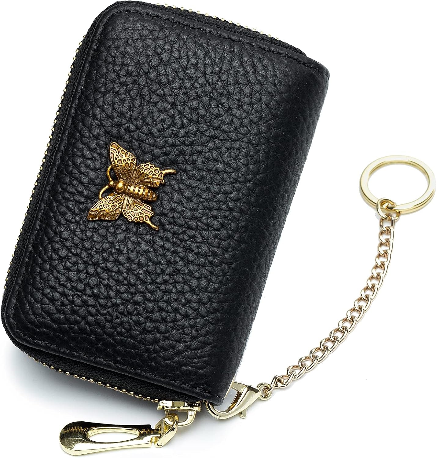 RFID Credit Card Holder for Women Genuine Leather Card Case Wallet with Zipper and Removable Keychain (Black)