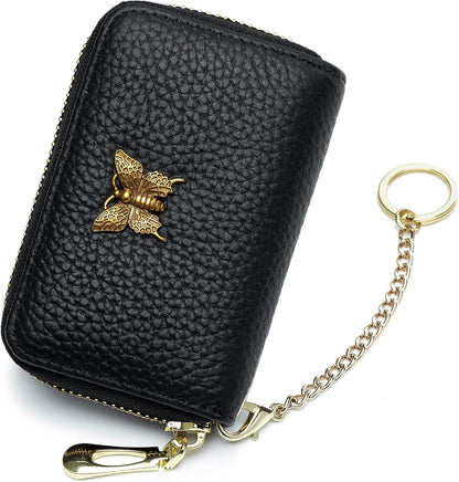 RFID Credit Card Holder for Women Genuine Leather Card Case Wallet with Zipper and Removable Keychain (Black)