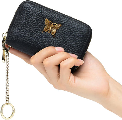 RFID Credit Card Holder for Women Genuine Leather Card Case Wallet with Zipper and Removable Keychain (Black)