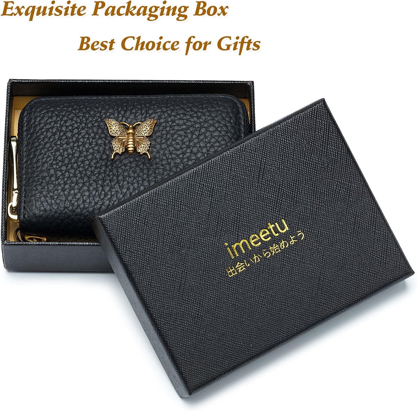 RFID Credit Card Holder for Women Genuine Leather Card Case Wallet with Zipper and Removable Keychain (Black)