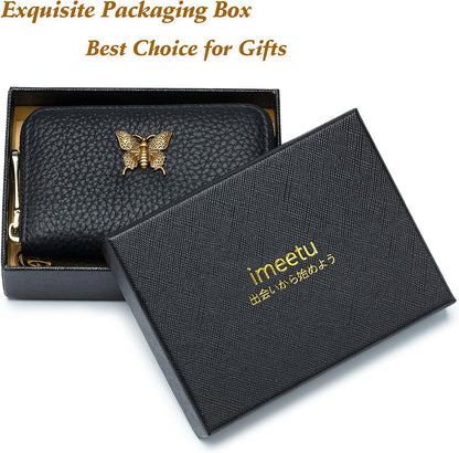 RFID Credit Card Holder for Women Genuine Leather Card Case Wallet with Zipper and Removable Keychain (Black)